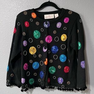 Vntg Jane’s Closet Beaded Circles Multicolor Sweater Cardigan SM Sequins/Beading